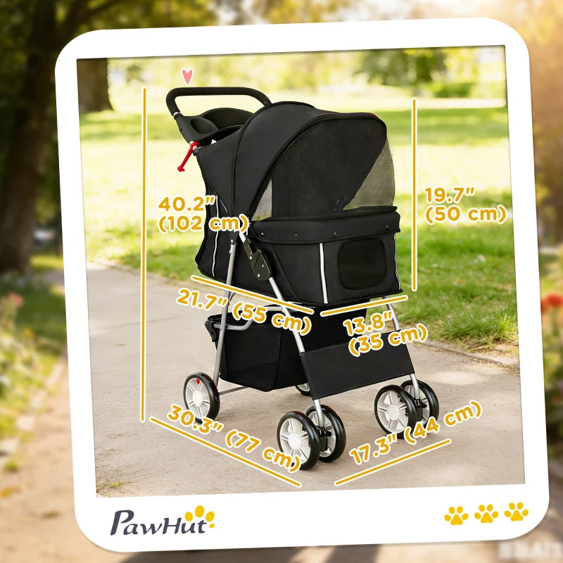Pet Stroller with Reflective Strips, Foldable Cat Stroller with 360° Swivel Wheels for Small Dogs and Cats, Black