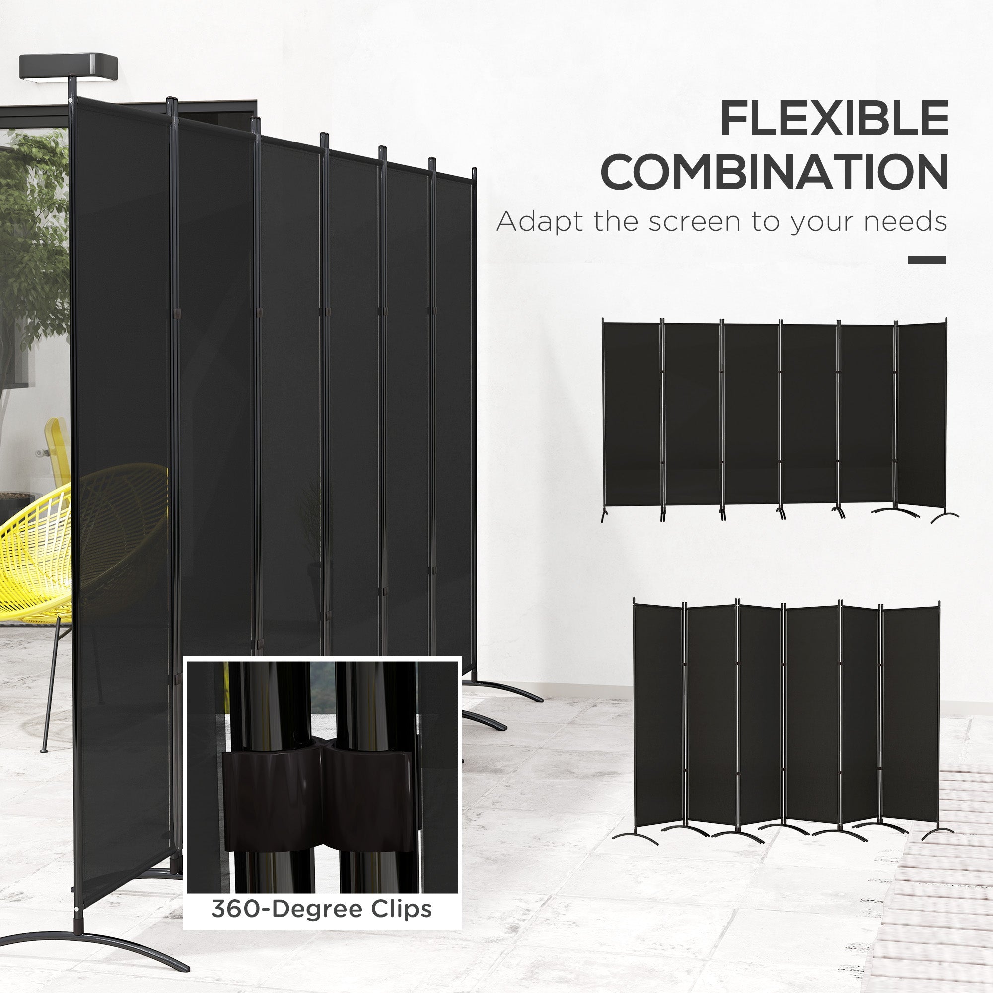 Outsunny 6 Panel Folding Room Divider, UV30+ Privacy Screen, Indoor Outdoor Privacy Panel with Stable Base, Black