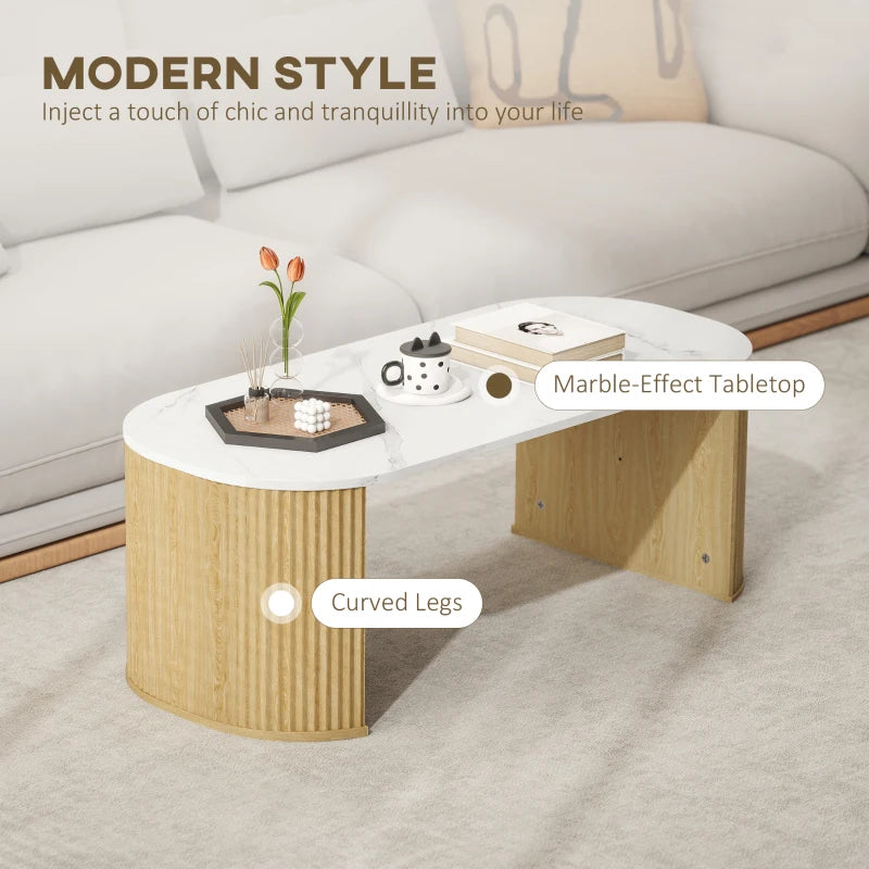Coffee Table, Modern Marble-Effect Living Room Table with Round Corners and Thicken Legs, Natural Wood