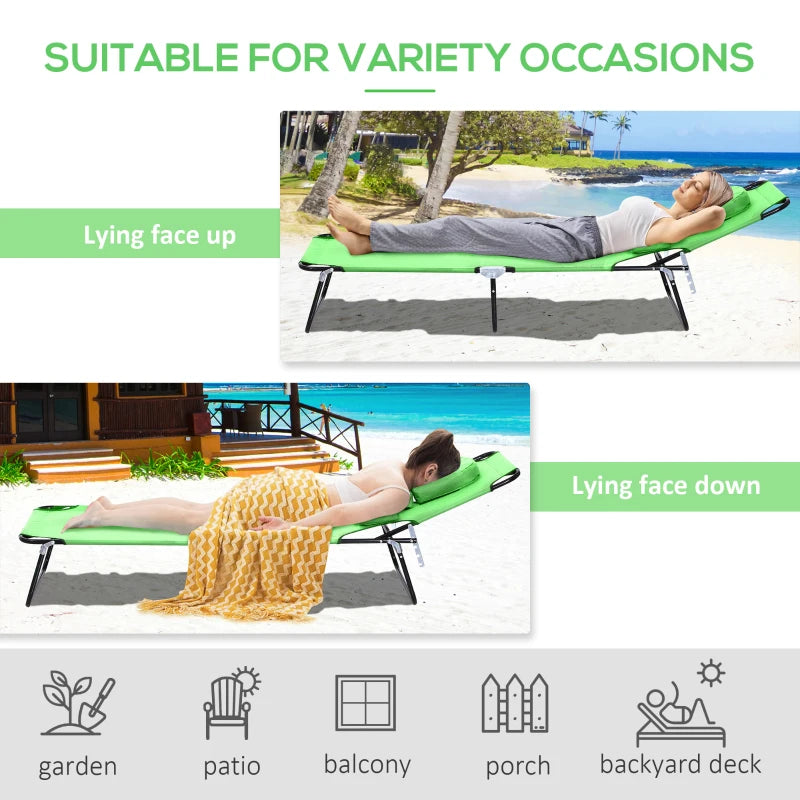 Adjustable Outdoor Lounge Chair, Garden Folding Chaise Lounge with Face Hole Reclining Tanning Chair Seat, Folding Camping Beach Lounging Bed w/ Support Pillow, Green