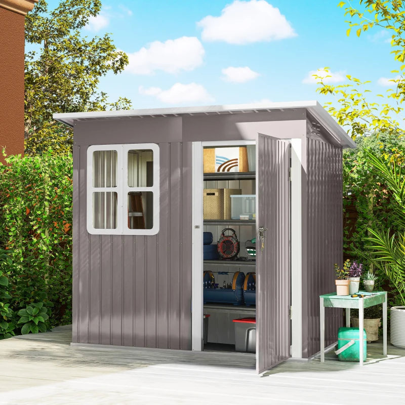 7' x 4' Galvanised Steel Outdoor Storage Shed, Garden Shed with Window, Lockable Wide Door and Air Vents, Warm Grey