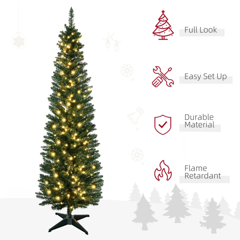 HOMCOM 7' Tall Pre-Lit Slim Noble Fir Artificial Pencil Christmas Tree with 200 Warm White LED Lights and 499 Tips, Green