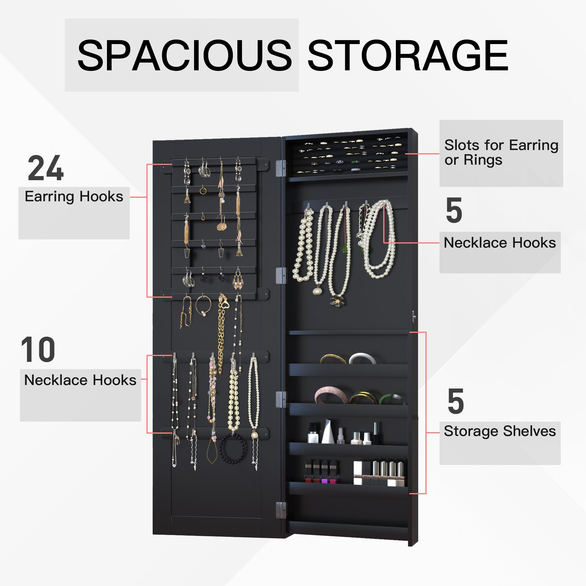 HOMCOM Wall-Mount Mirrored Jewelry Cabinet: With Real Glass Mirror, Lockable, Black