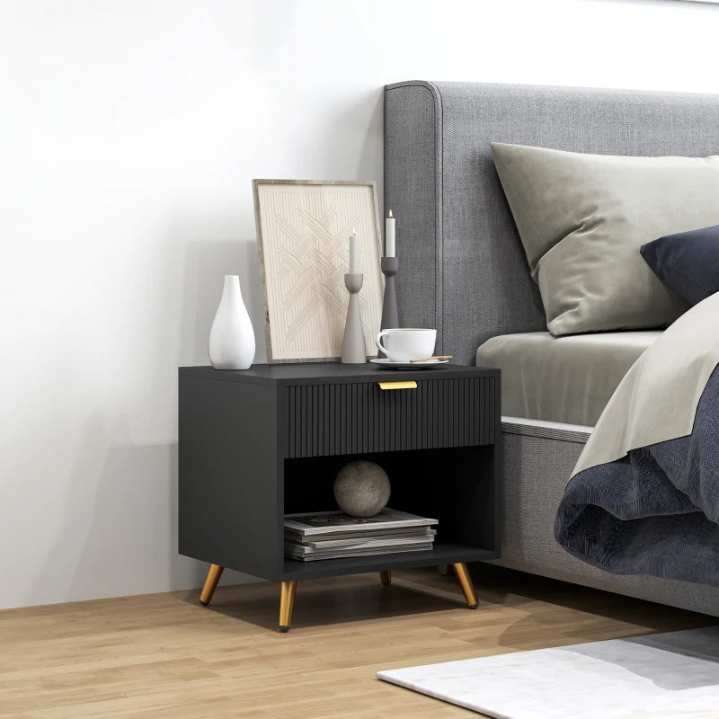 Nightstand with Fluted Panel, Bedside Table with Drawer and Open Compartment, Modern Night Table for Bedroom, Black