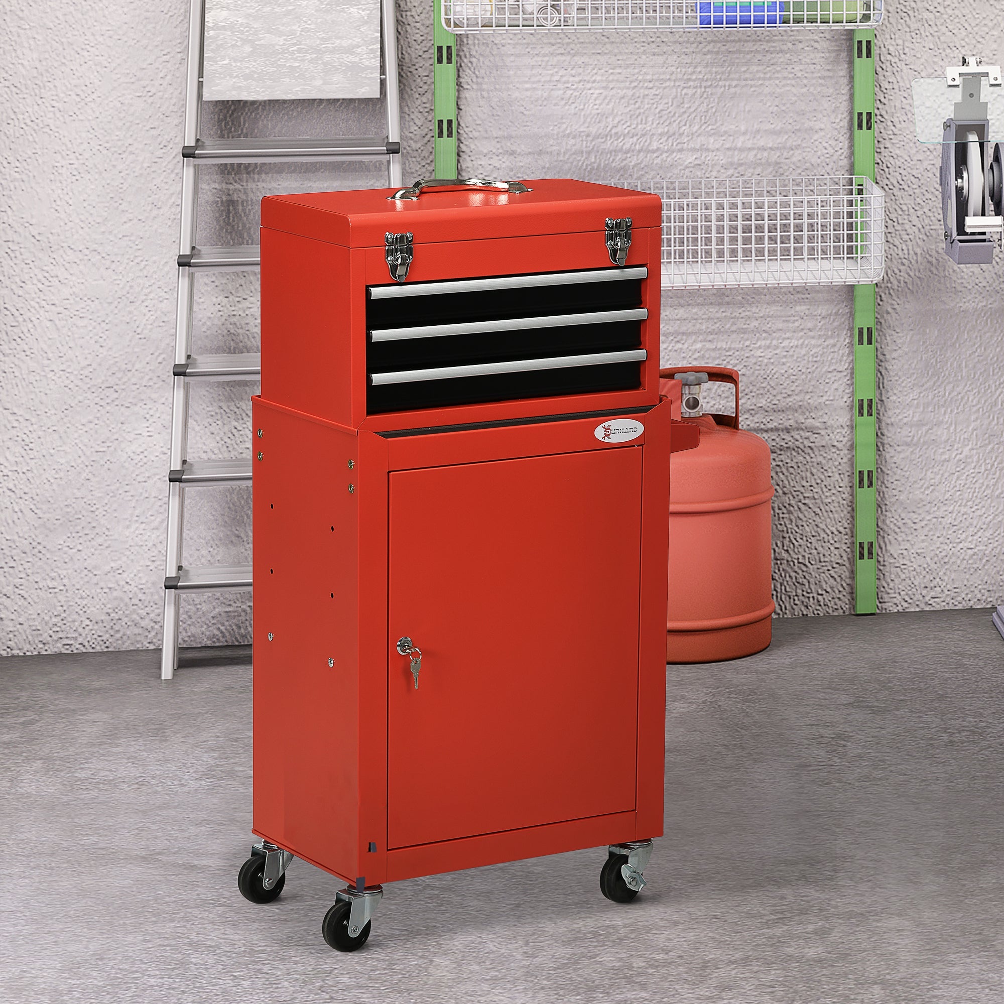 DURHAND 2 In 1 Detachable Tool Box and Tool Cabinet, 3-Drawer Rolling Tool Chest Cabinet on Wheels with Lock and 2 Keys, Red