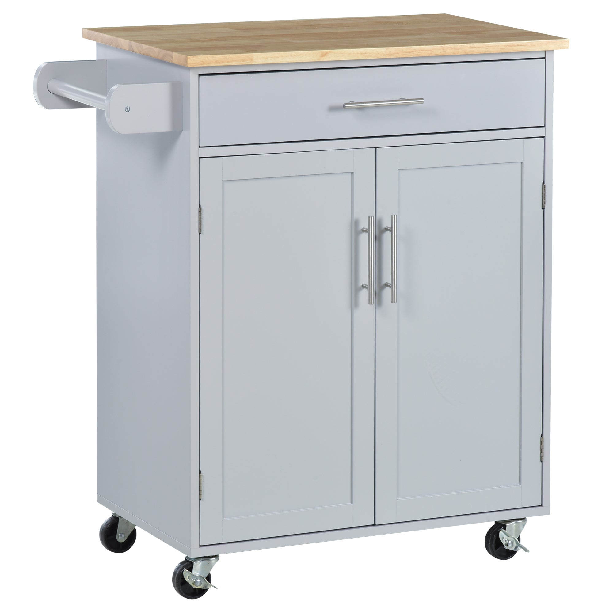HOMCOM Versatile Kitchen Aide: Rolling Island Cart with Wood Top, Storage Drawer, Towel Bar, Shelves, and Grey Finish