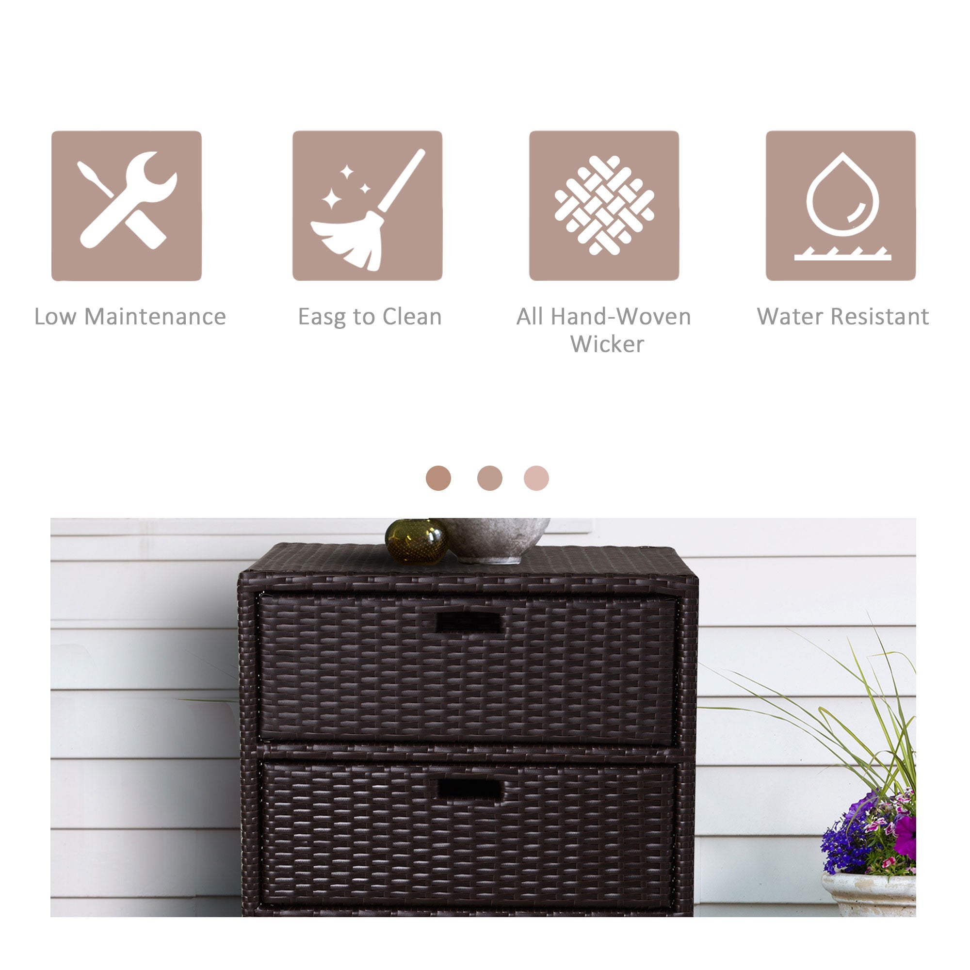 Outsunny Rattan Wicker Patio Organizer 32 Poolside Storage Cabinet with 3 Drawers Bathroom Garden Outdoor