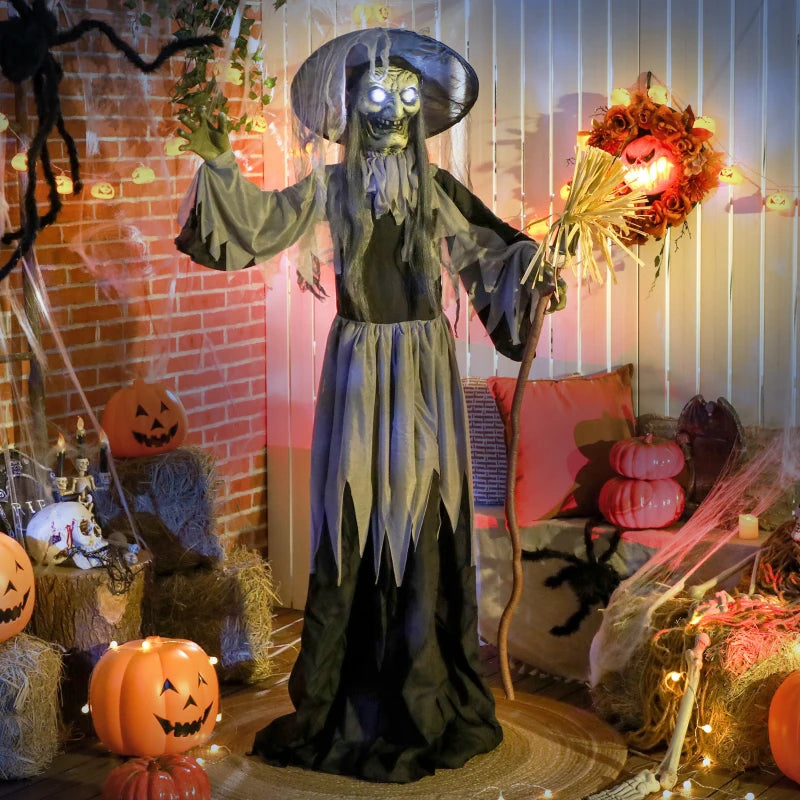 Outsunny Standing Animated Witch – Voice-Activated, Spinning Head & Flashing Eyes, Indoor Halloween Prop