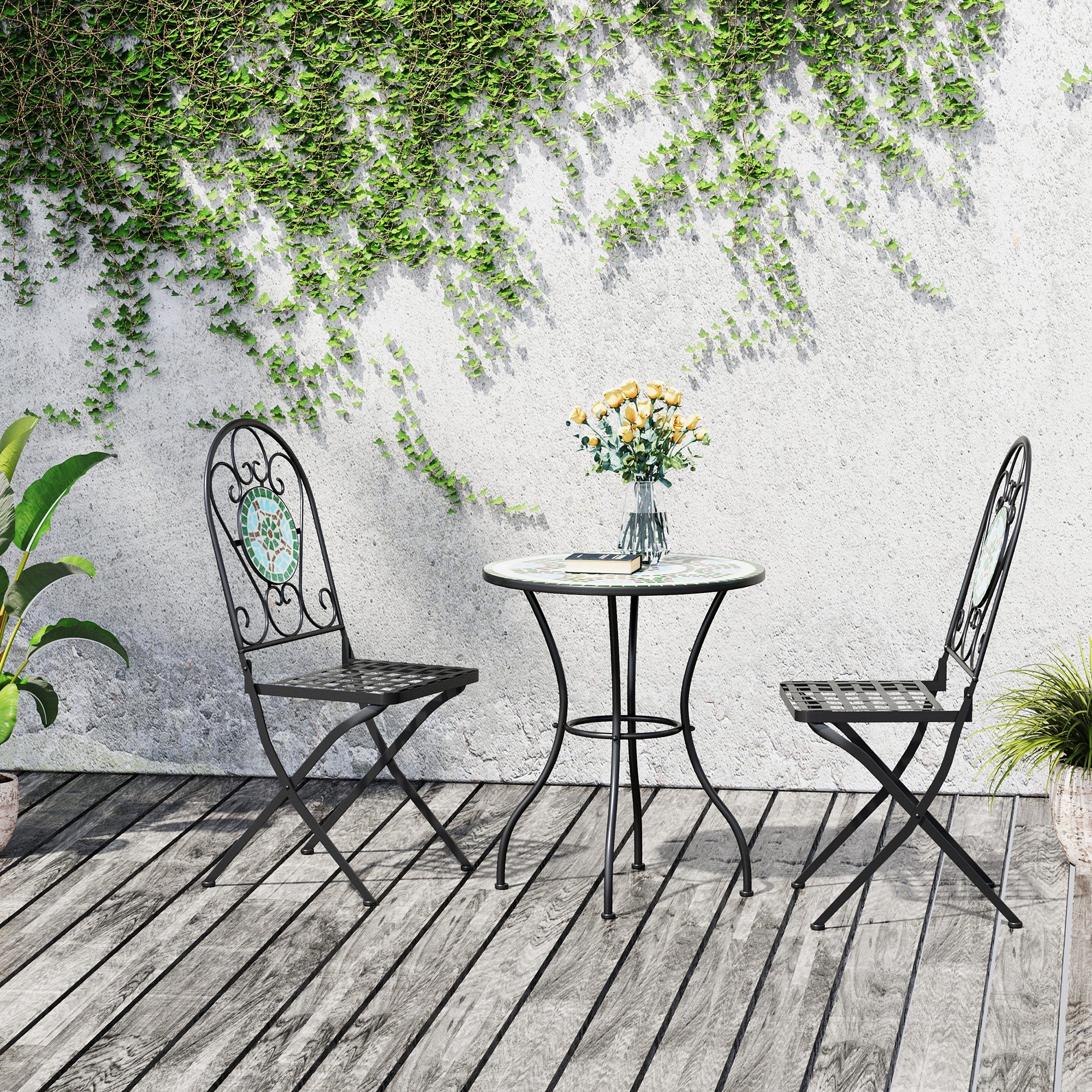 Outsunny 3 Piece Patio Bistro Set with Mosaic Design Outdoor Dining Furniture Set for 2 Folding Chairs Green