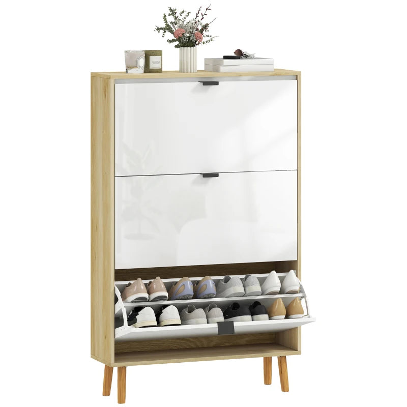 Narrow Shoe Cabinet, High Gloss Shoe Storage Cabinet with 3 Flip Drawers and Adjustable Shelves, Holds 24 Pairs, White