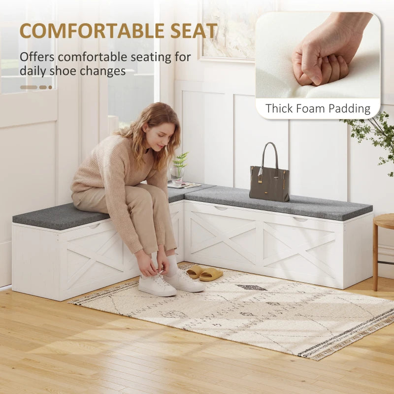 HOMCOM L-Shaped Shoe Storage Bench with Padded Cushion, 5 Hidden Compartments, White
