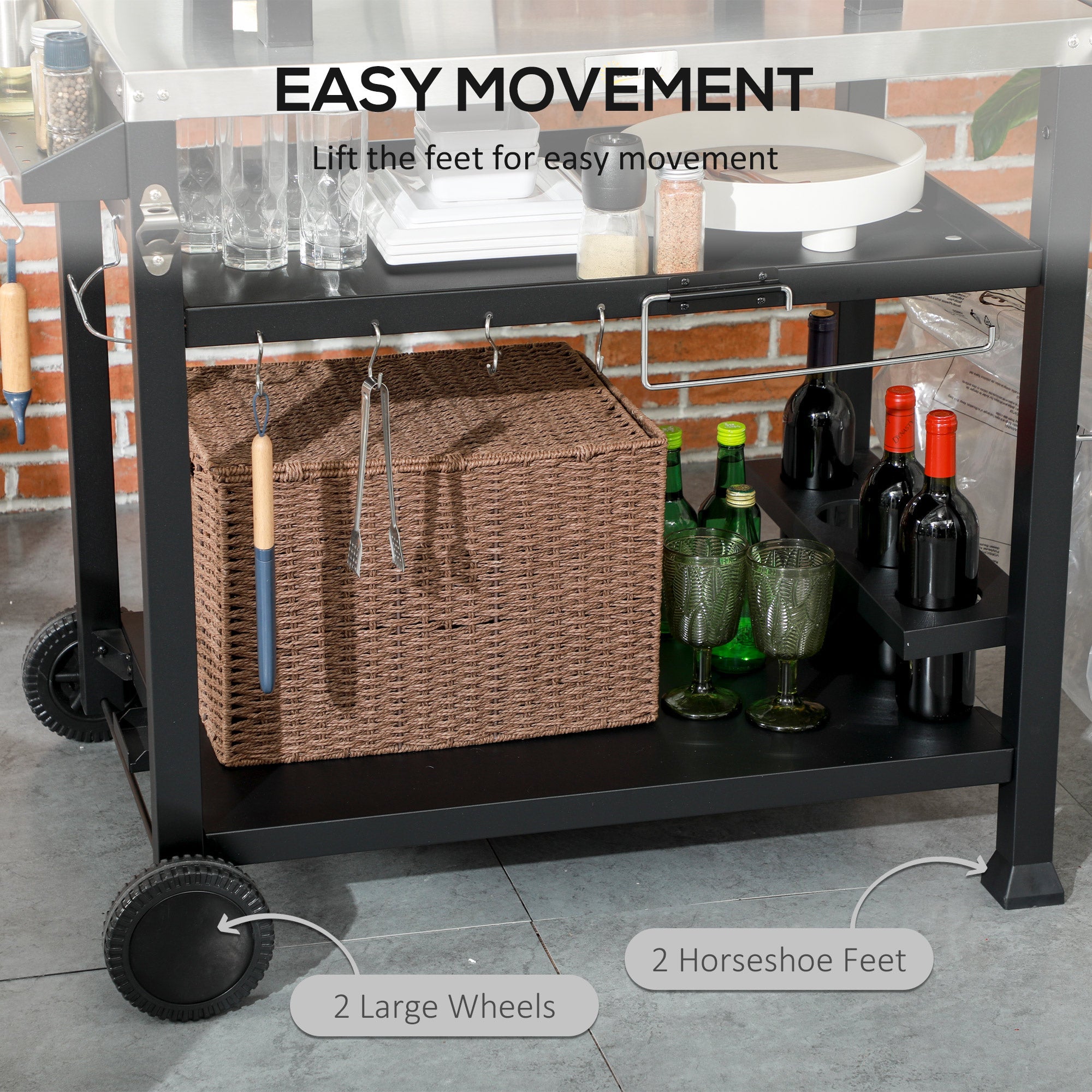 Outsunny Outdoor Grill Cart Table 3-Shelf, Foldable Side Table, Stainless Steel Top, Pizza Oven Stand, Mobile Kitchen Station