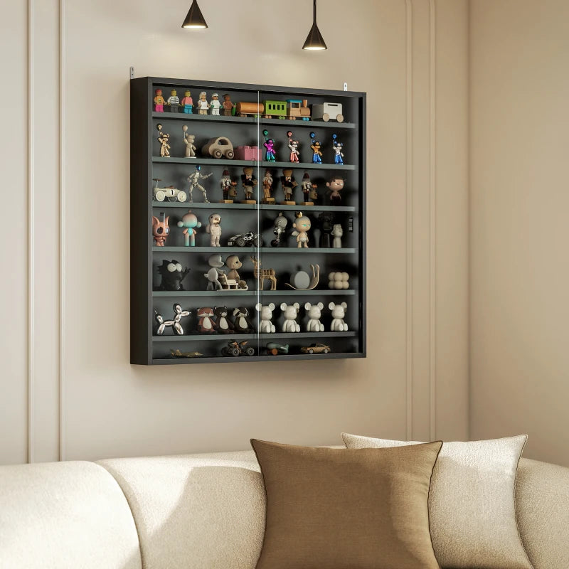 7-Tier Display Cabinet, Shot Glass Display Case, Glass Curio Cabinet with 2 Glass Doors and 6 Adjustable Shelves, Black