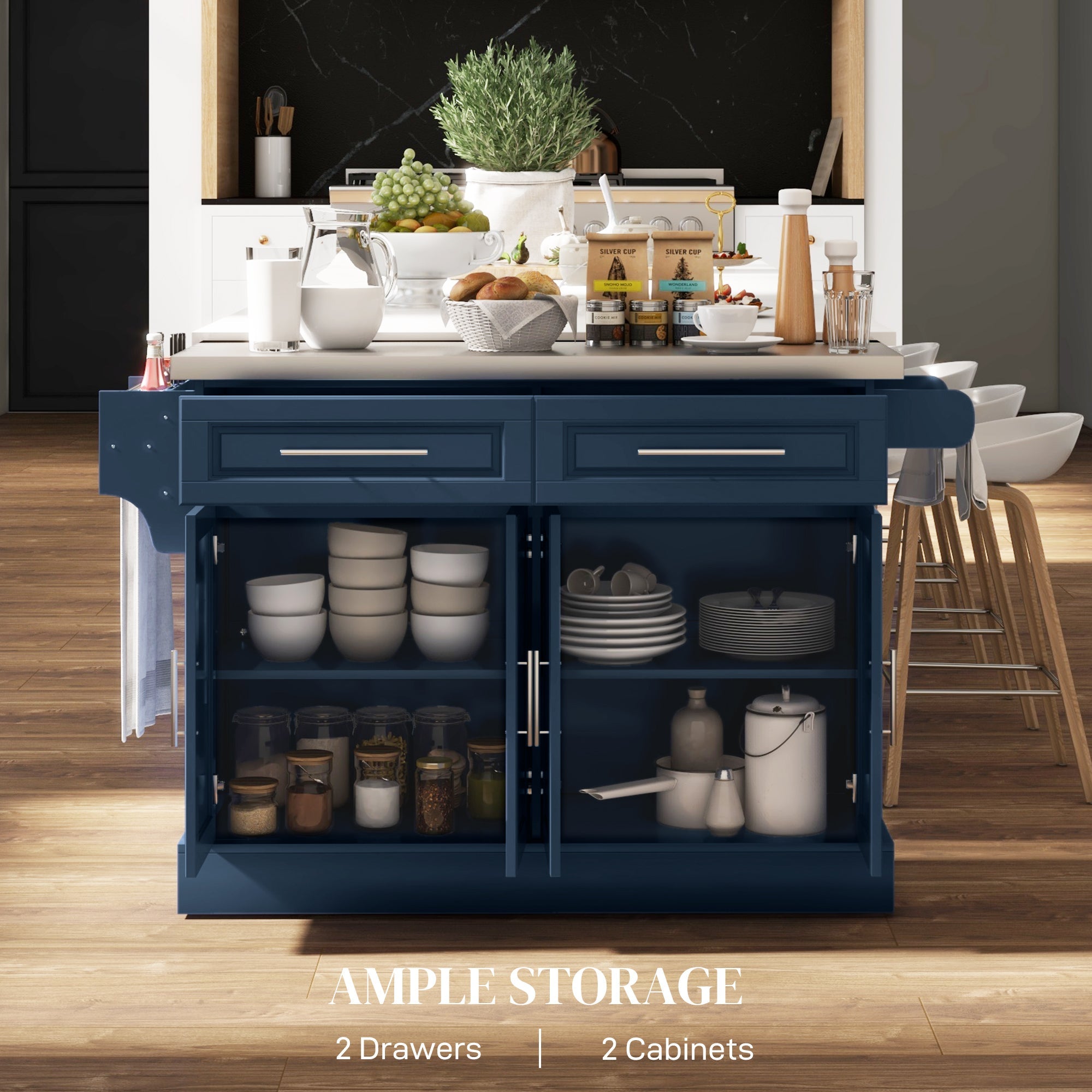 HOMCOM Rolling Kitchen Island with Storage and Stainless Steel Top, Kitchen Trolley with Drawers, Cabinets, Towel Rack, Blue
