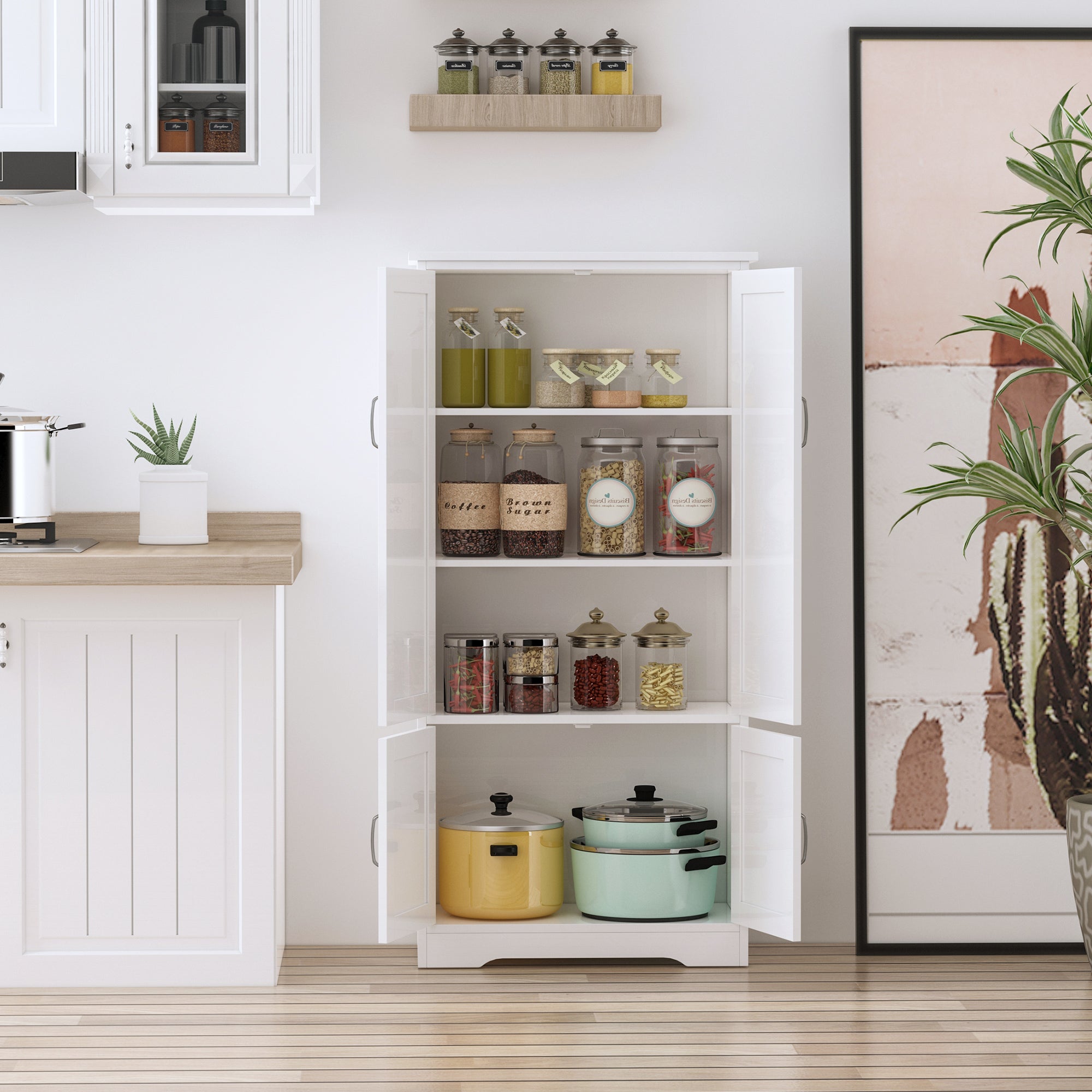 HOMCOM White Accent Kitchen Pantry Cabinet: Floor Storage Cupboard with Adjustable Shelves and Doors