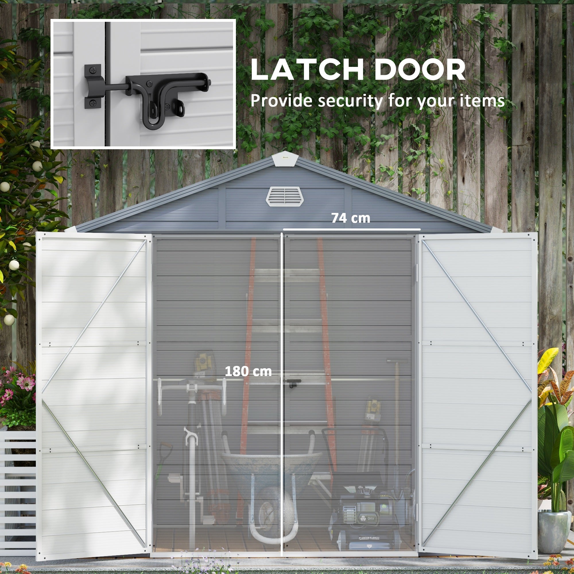 Outsunny Spacious 8x6ft Garden Shed Secure Latch Door, Ventilation, Sloped Roof, Durable PP Material in Grey