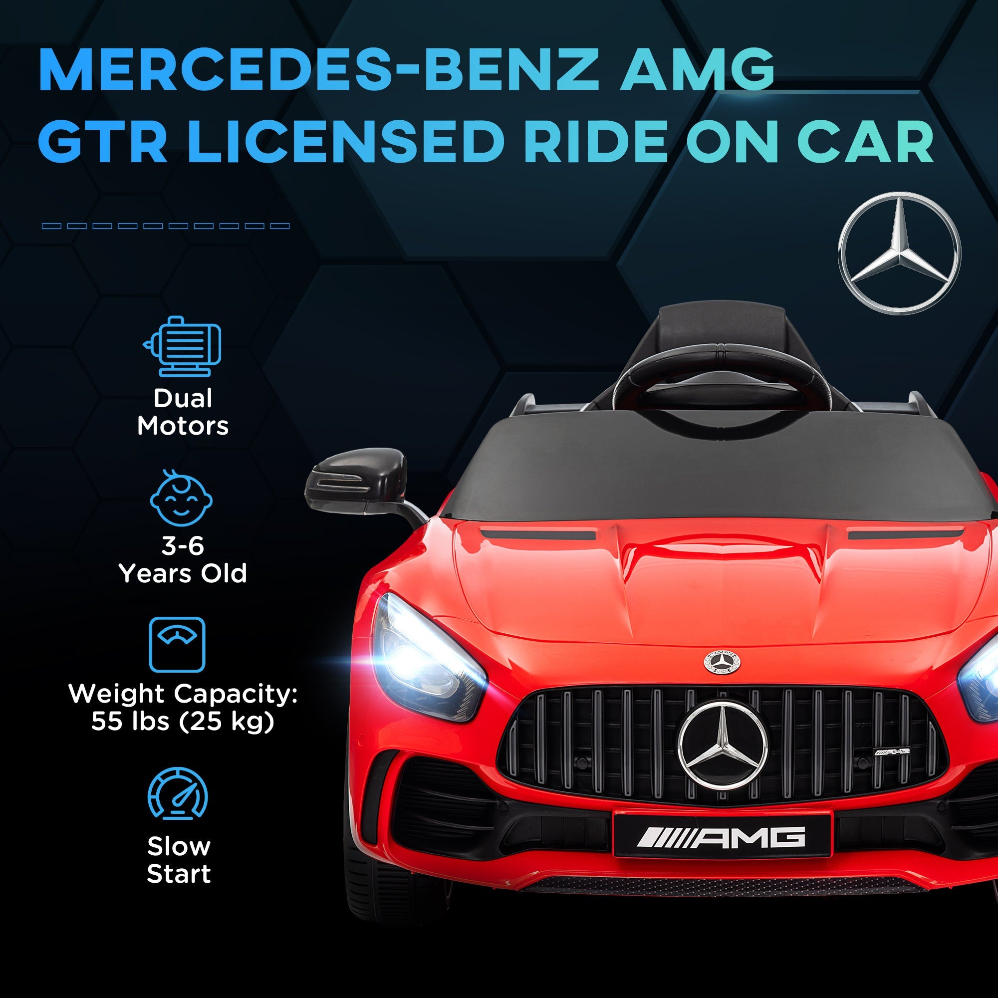 Qaba Mercedes-Benz AMG GTR Licensed 12V Battery Powered Kids Electric Car w/ Remote, Soft Start, Lights, Music Horn Red