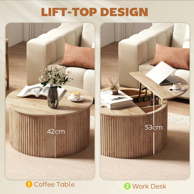 32" Round Lift-Top Coffee Table with Hidden Storage & Fluted Design – Natural Wood