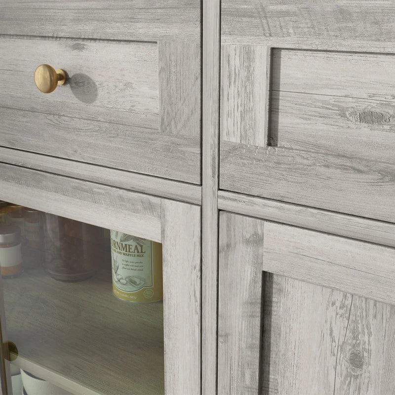 Dining Room Sideboard Buffet Cabinet with Storage, Coffee Bar Cabinet with Glass Doors and Adjustable Shelves, Weathered Grey Oak