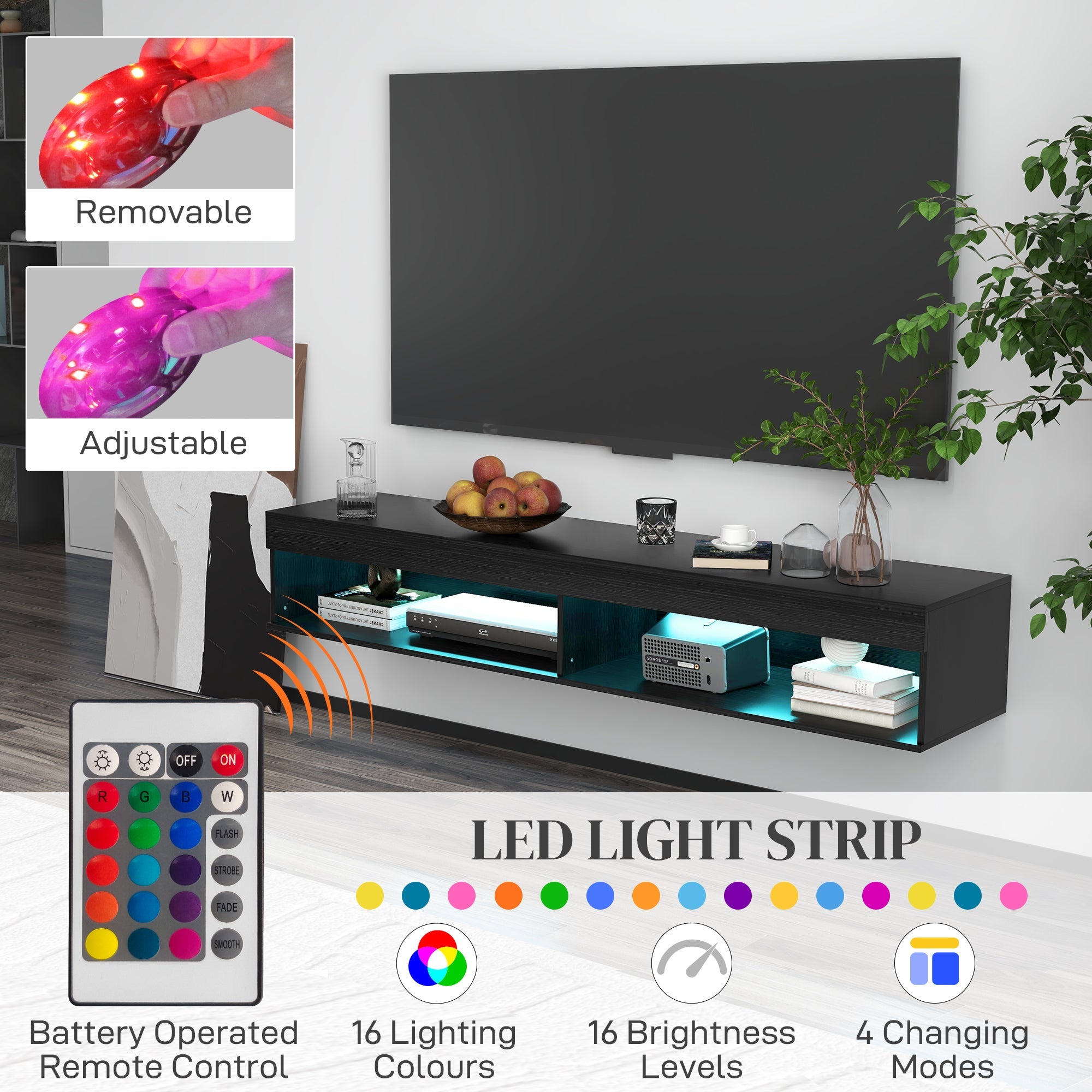 HOMCOM Modern Wall Mounted Floating TV Stand with Storage LED Lights for TVs up to 75" TV Shelf Living Room Black