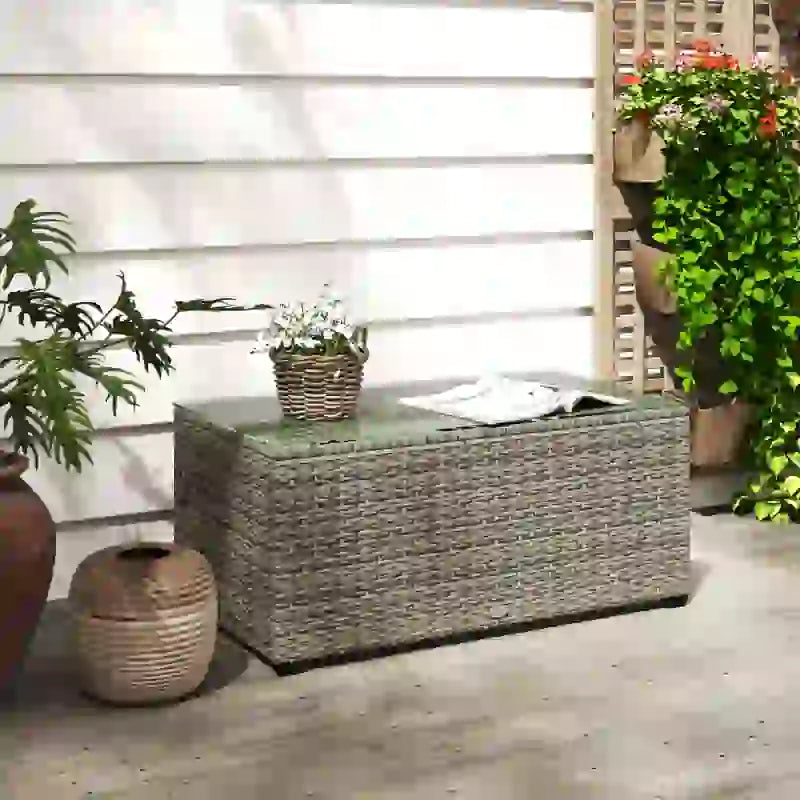 Wicker Outdoor Coffee Table, PE Wicker Rectangular Patio Table with Tempered Glass Top for Garden, Balcony, Dark Grey