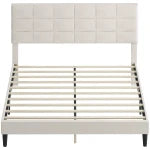 King Size Bed Frame with Upholstered Headboard, Modern Platform Bed Frame with Wood Slats, 1100 lbs Capacity, Grey