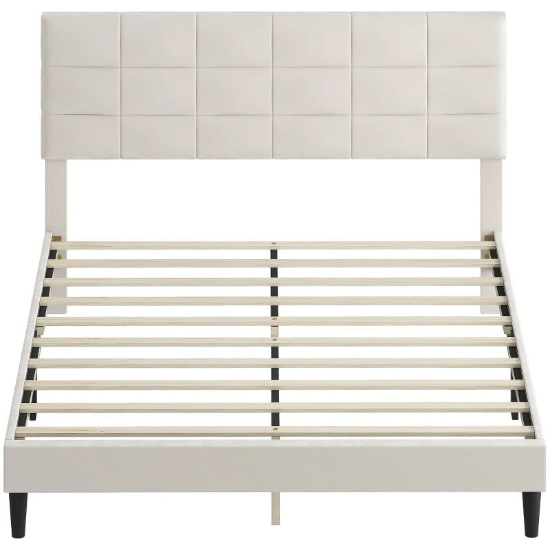 Queen Size Bed Frame with Upholstered Headboard, Modern Platform Bed Frame with Wood Slats, 1100 lbs Capacity, Cream