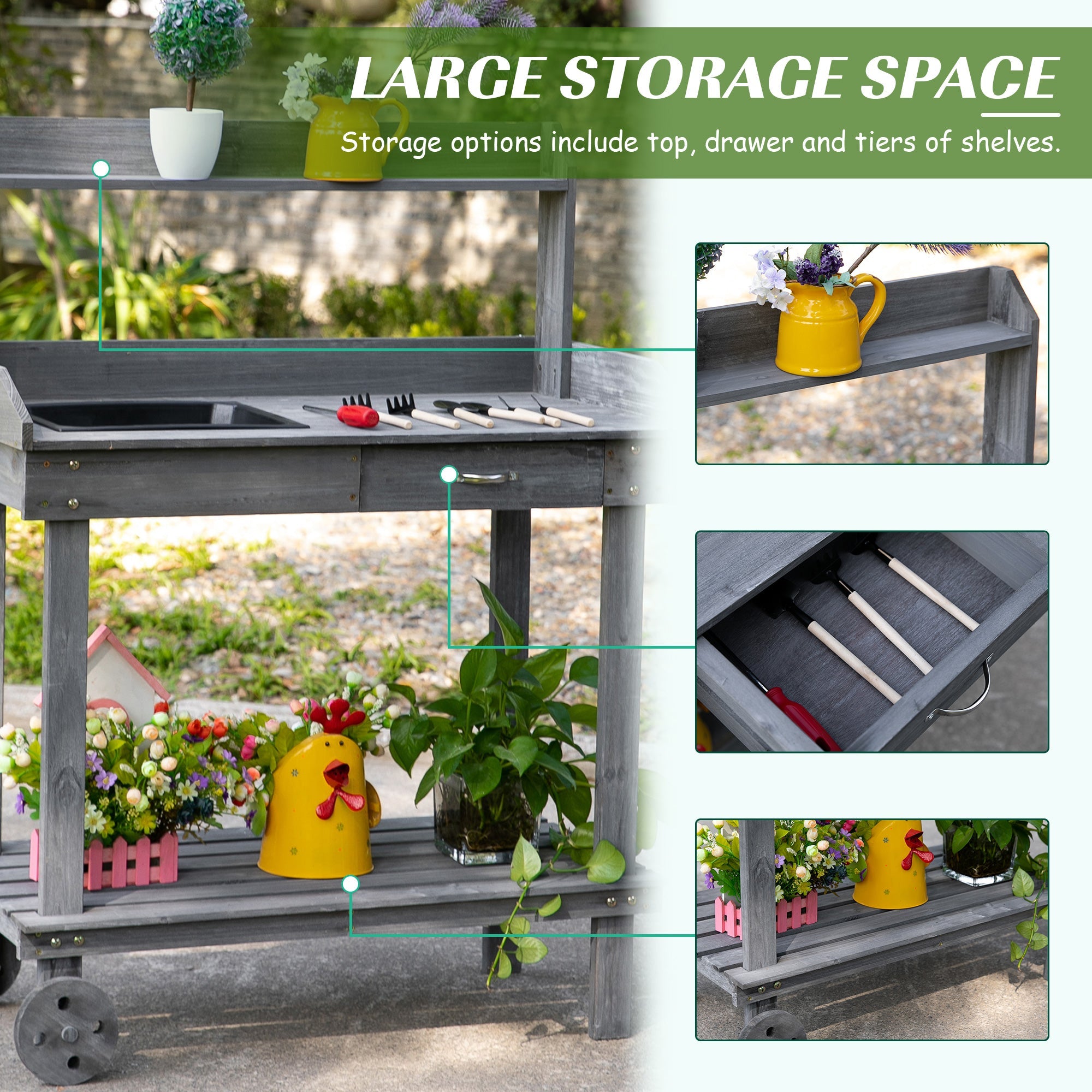 Outsunny Wooden Potting Bench 36" Work Table with Removable Wheels Sink Drawer Storage Spaces Gray
