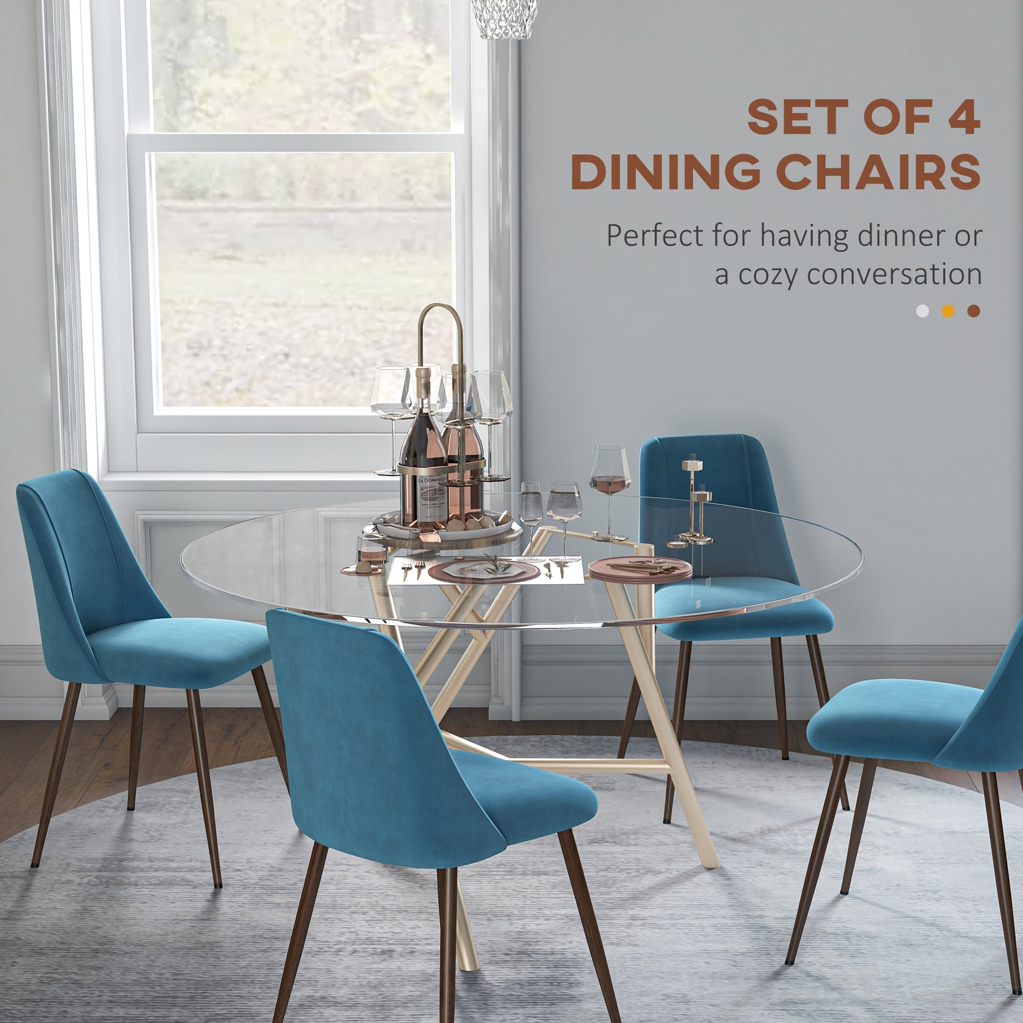 HOMCOM Set of 4 Dining Chairs Modern Velvet Upholstery Curved Back Wood-grain Steel Legs Blue