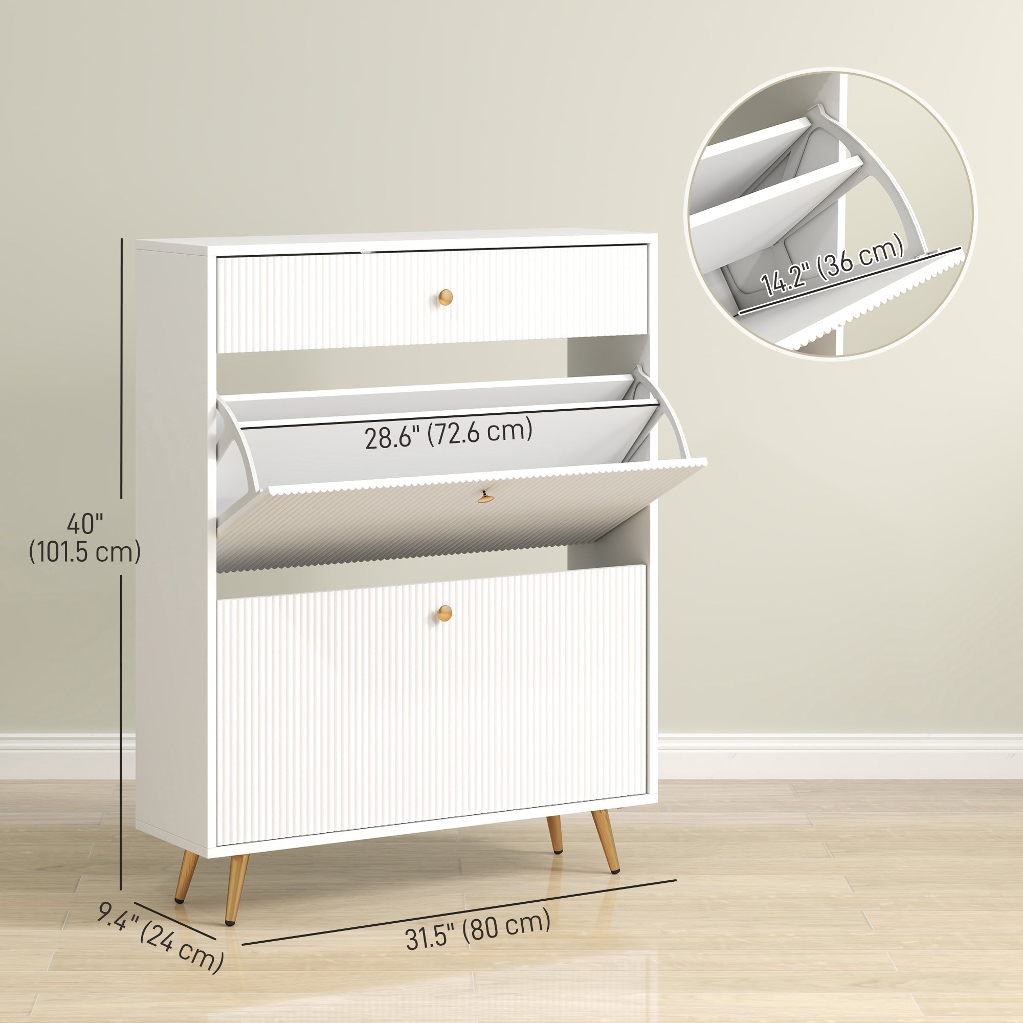 HOMCOM Narrow Shoe Storage Cabinet with Wave-like Panels and Adjustable Shelves for 12 Pairs of Shoes, White