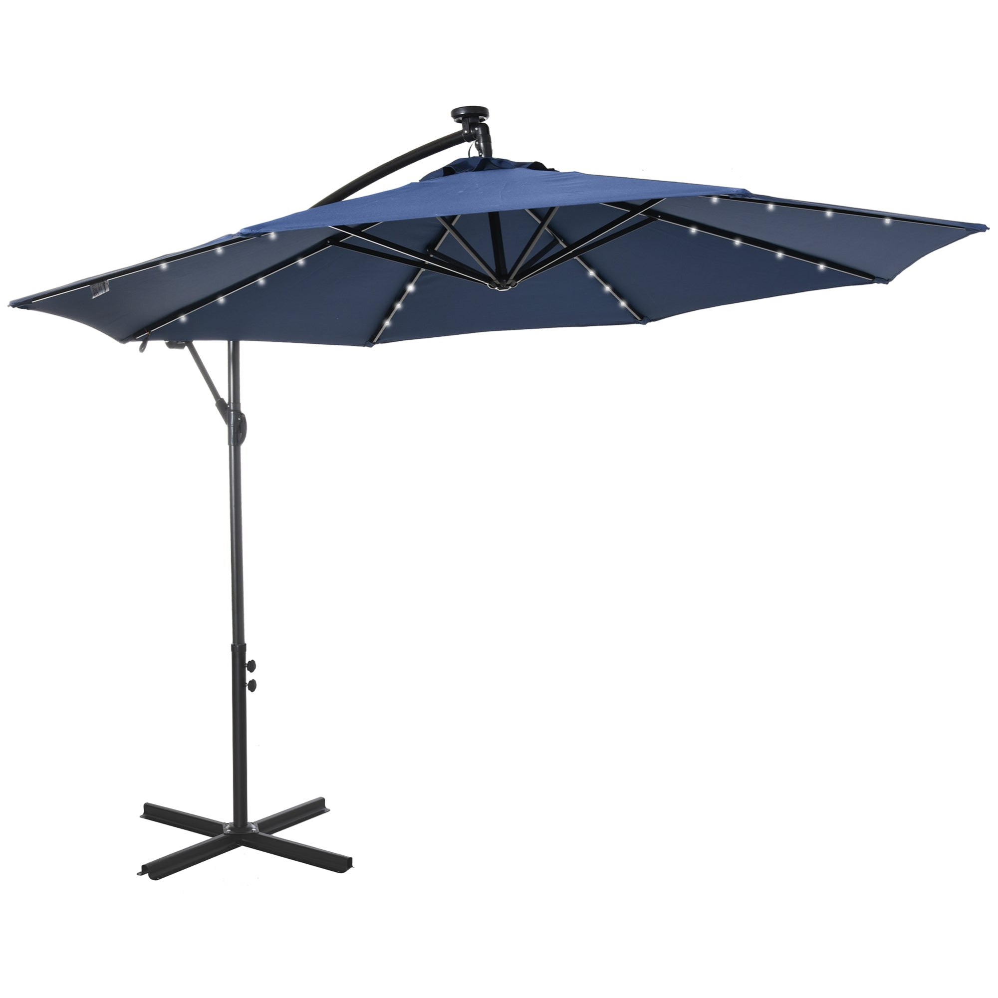Outsunny 10ft Outdoor Cantilever Umbrella with Solar Lights Banana Adjustable Angle for Patio Backyard Navy Blue