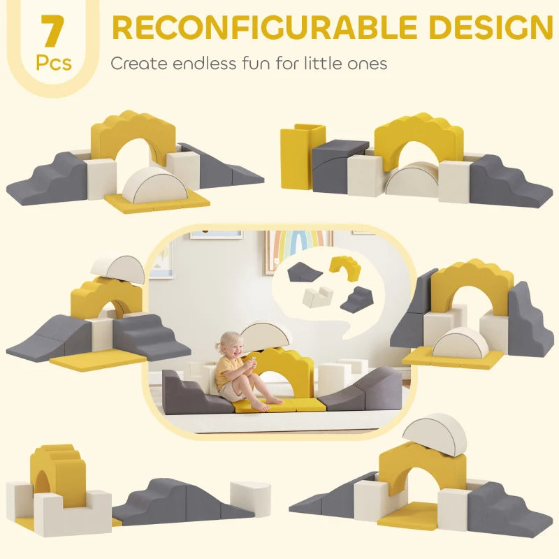 Qaba 7-Piece Baby Soft Play Set, Indoor Soft Play Gym Activity Play Set for Crawling, Sliding and Playing, Yellow