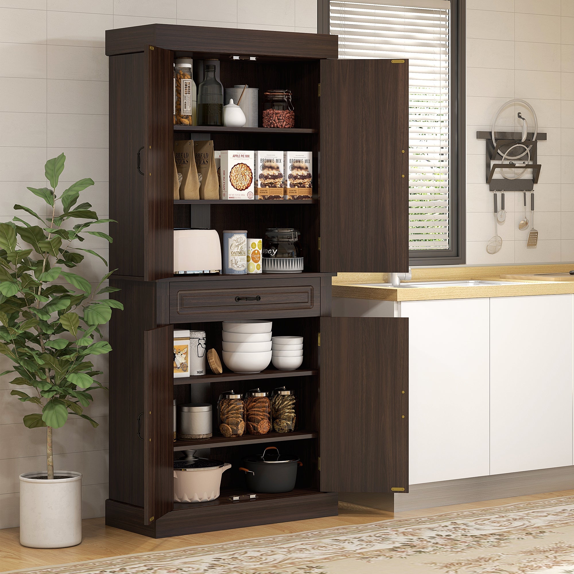 HOMCOM Coffee Wood Pantry Cabinet: 71" Tall Freestanding Kitchen Organizer with 4 Doors, 2 Cabinets & Drawer