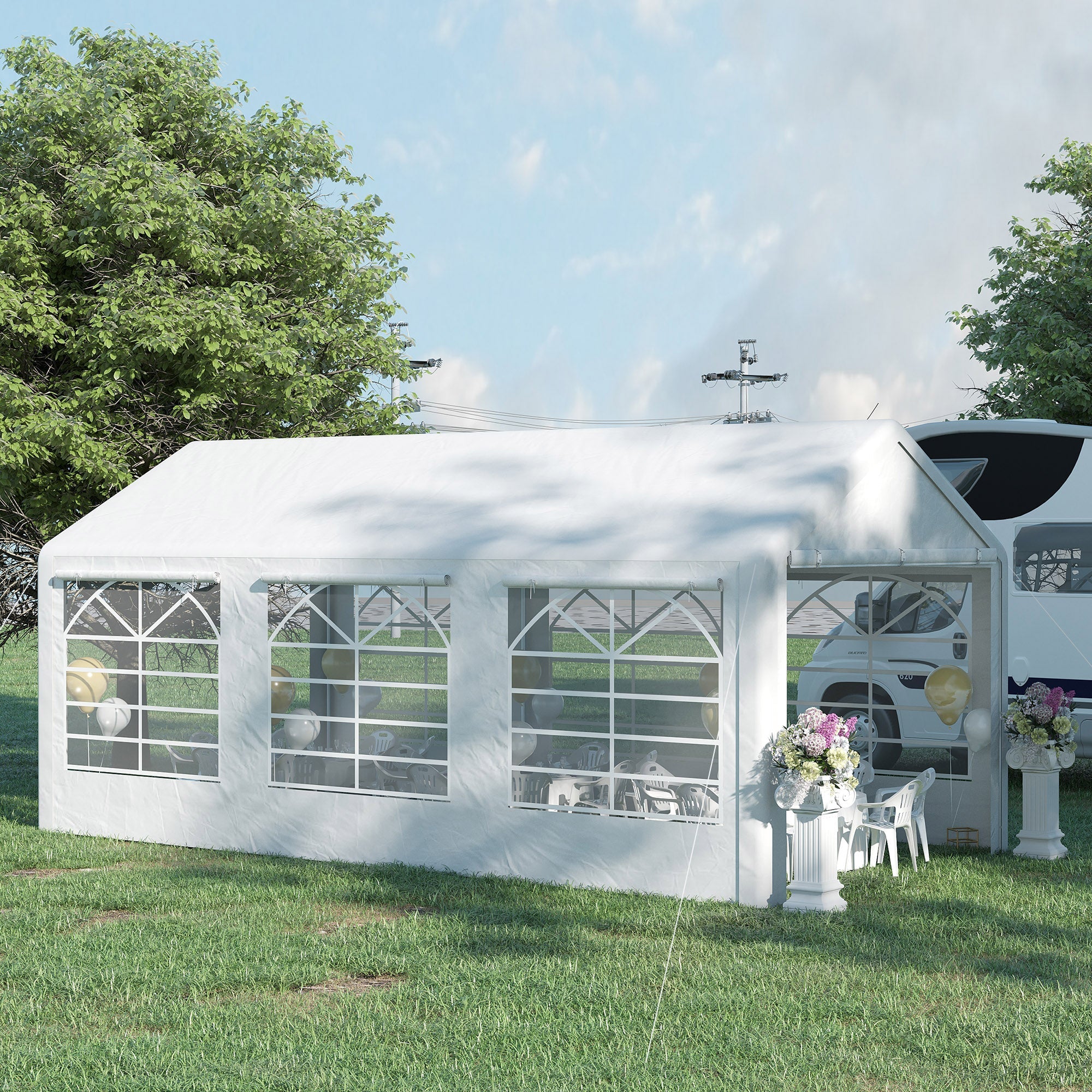 Outsunny 20'x10' Heavy Duty Outdoor Car Canopy Tent Shelter with Water-Resistant Sidewalls White