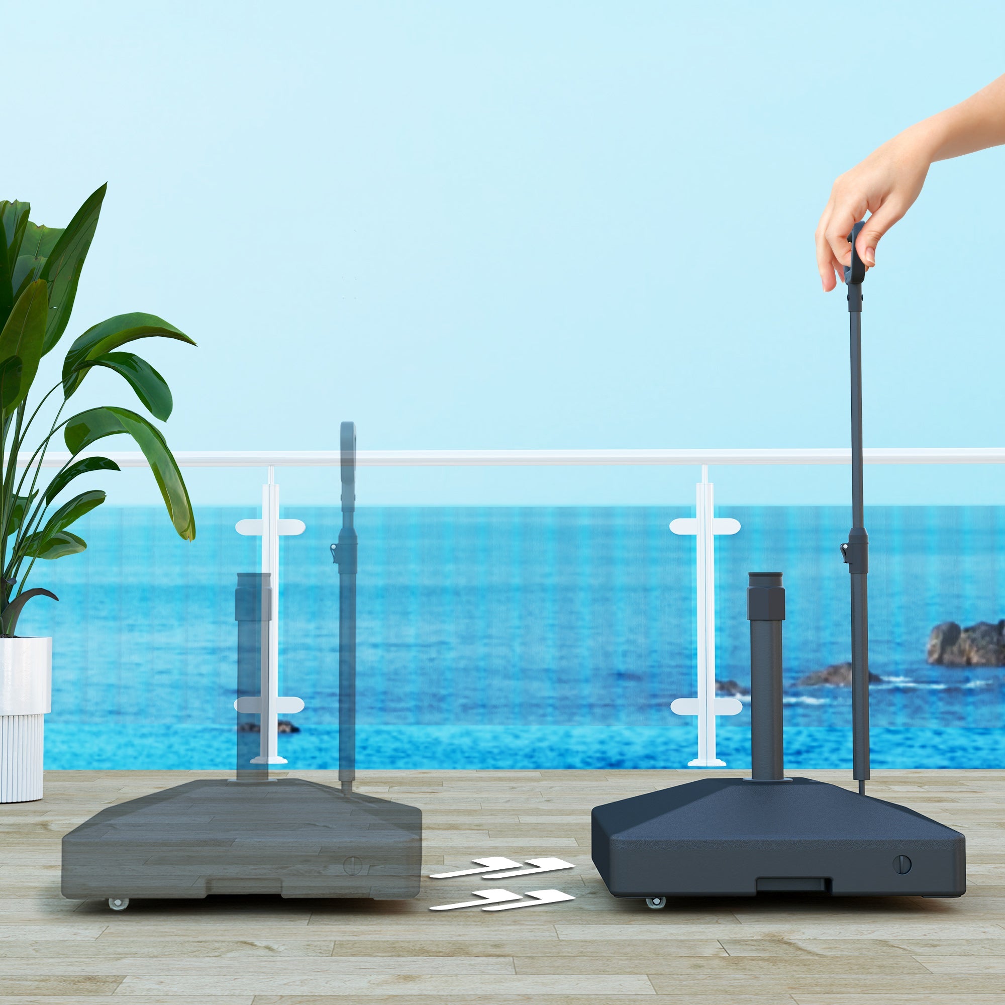 Outsunny Patio Umbrella Base with Adjustable Wheels and Handle, Outdoor Patio Umbrella Stand, Filled Up to 121lbs with Stand, 99lbs with Water for Garden Poolside, Black