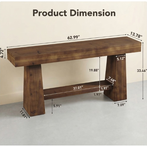 63" Solid Wood Console Table, 2-Tier Farmhouse Entryway Sofa Table with Storage Shelf Rustic Brown