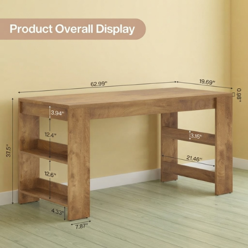 63" Kitchen Island, Large Home Bar Table with Double-Sided Storage Shelves, Rustic Wood-Grain Countertop