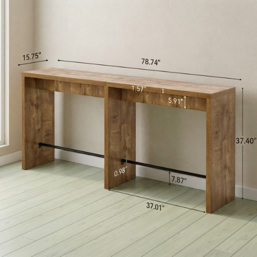 78.74" Narrow Bar Table, Long High-Top Pub Table with Iron Footrest, Counter Height Dining Table for Kitchen & Commercial Use