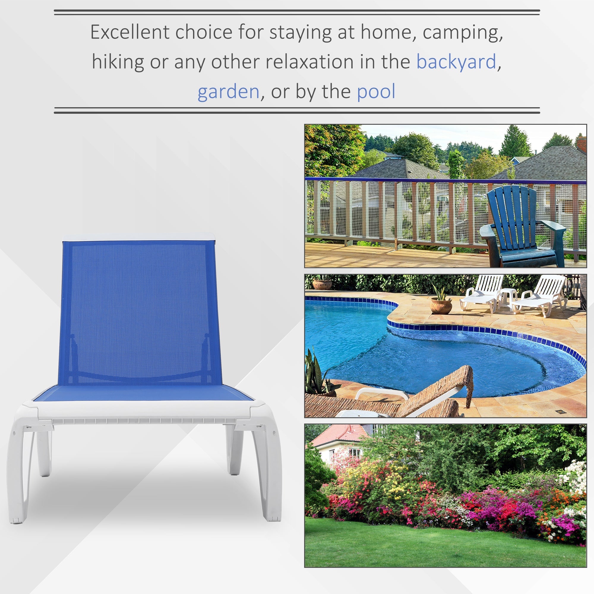 Outsunny Outdoor Chaise Lounge Chair Portable with Adjustable Back Wheels Breathable Mesh Fabric Blue