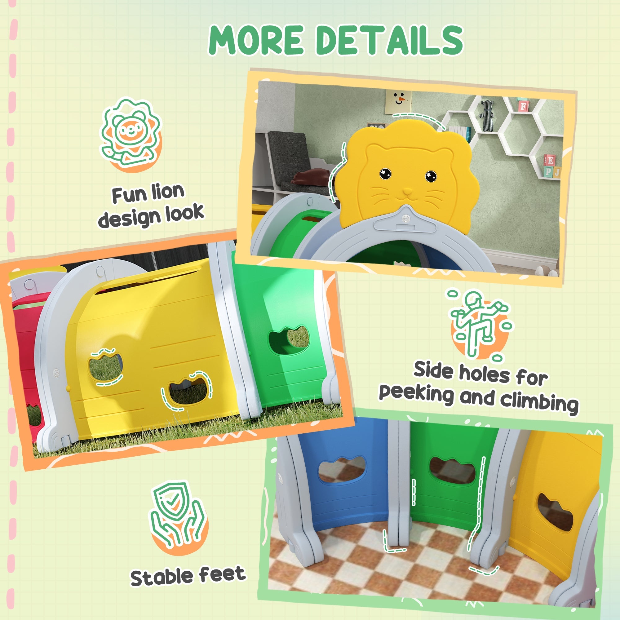 Qaba Lion Design Tunnel for Kids to Crawl Through, for 3-6 Years, Multicoloured