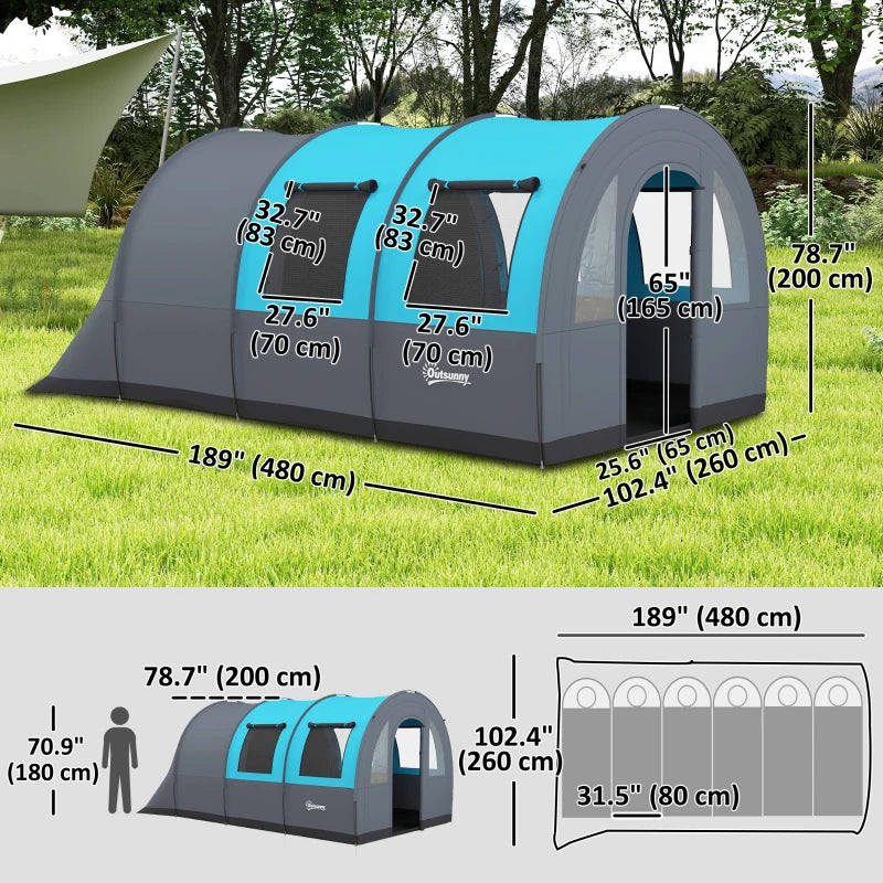 5-6 Person Camping Tent with Living Room and Bedroom, 3000mm Waterproof Tunnel Large Family Tent, Grey and Blue