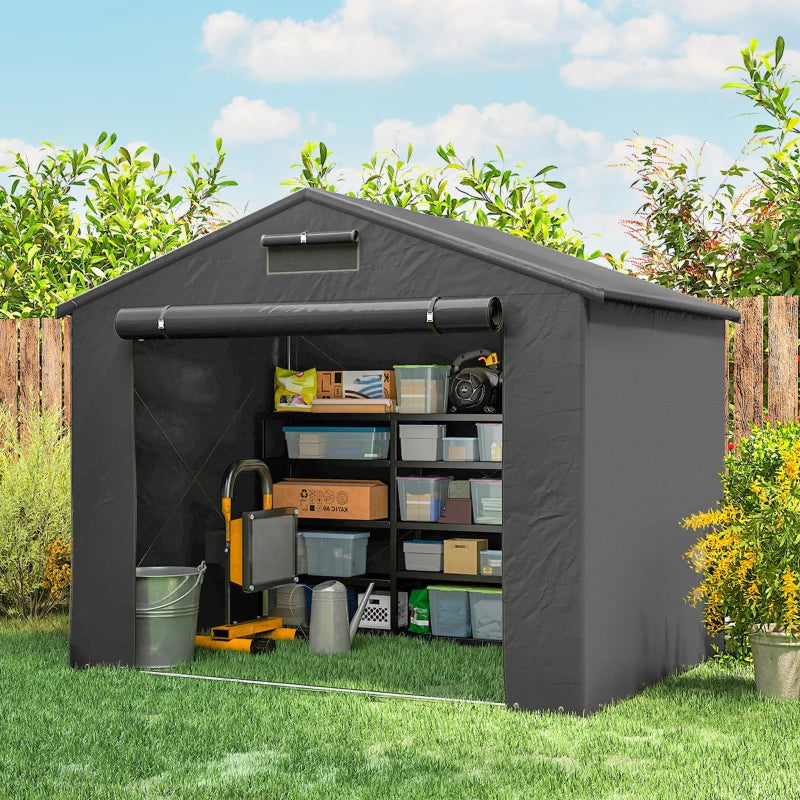 8' x 6' Portable Shed, Waterproof Bike Tent with Roll-up Zipper Door, Vent and Galvanised Metal Frame, Dark Grey