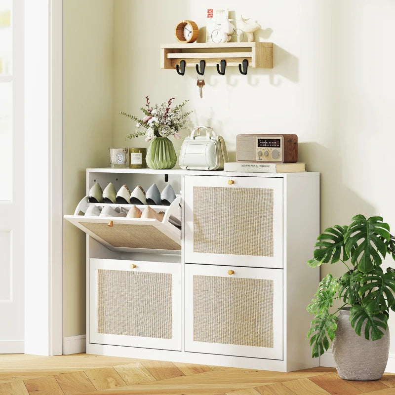 Narrow Shoe Storage Cabinet, Rattan Shoe Cabinet with 4 Flip Drawers and Adjustable Shelves for 20 Pairs, White