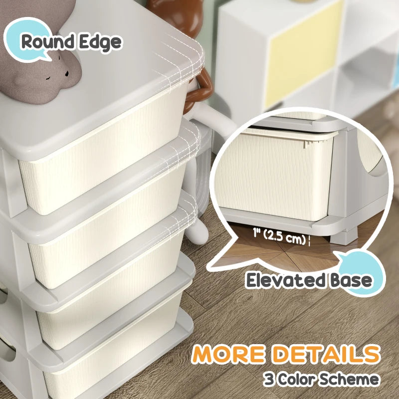 Qaba 4 Tier Kids Toy Organizer and Storage Bins with 4 Plastic Drawers, Cream White