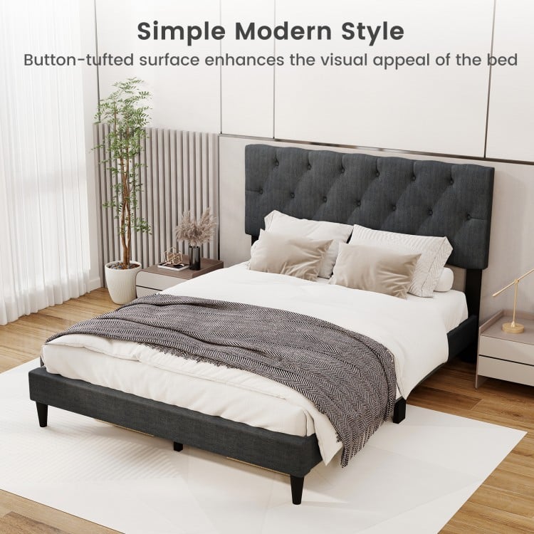 Upholstered Platform Bed with Tufted Headboard and Wooden Slats Gray-Full Size