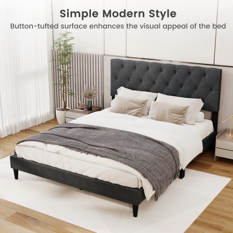 Upholstered Platform Bed with Tufted Headboard and Wooden Slats Gray-Queen Size
