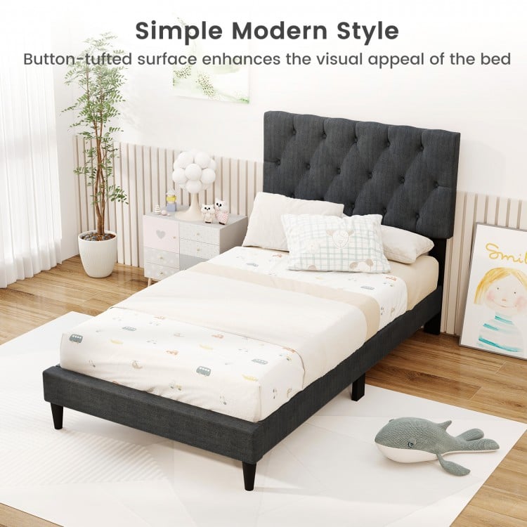 Upholstered Platform Bed with Tufted Headboard and Wooden Slats Gray-Twin Size