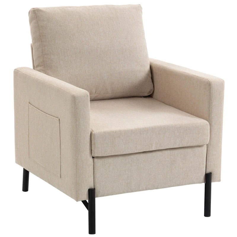 Accent Chair Modern Upholstered Armchair with Side Pockets and Cushion for Bedroom, Living Room, Beige