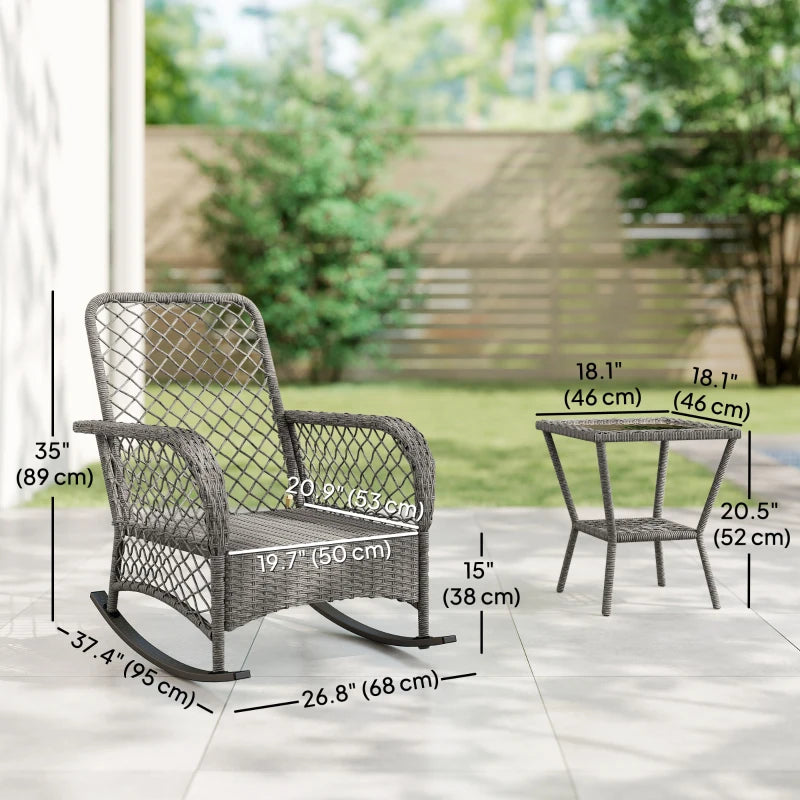 Rocking Bistro Set, 3 Piece Wicker Patio Furniture with High Back Rocking Chairs and 2-Tier Glass Table, Light Grey