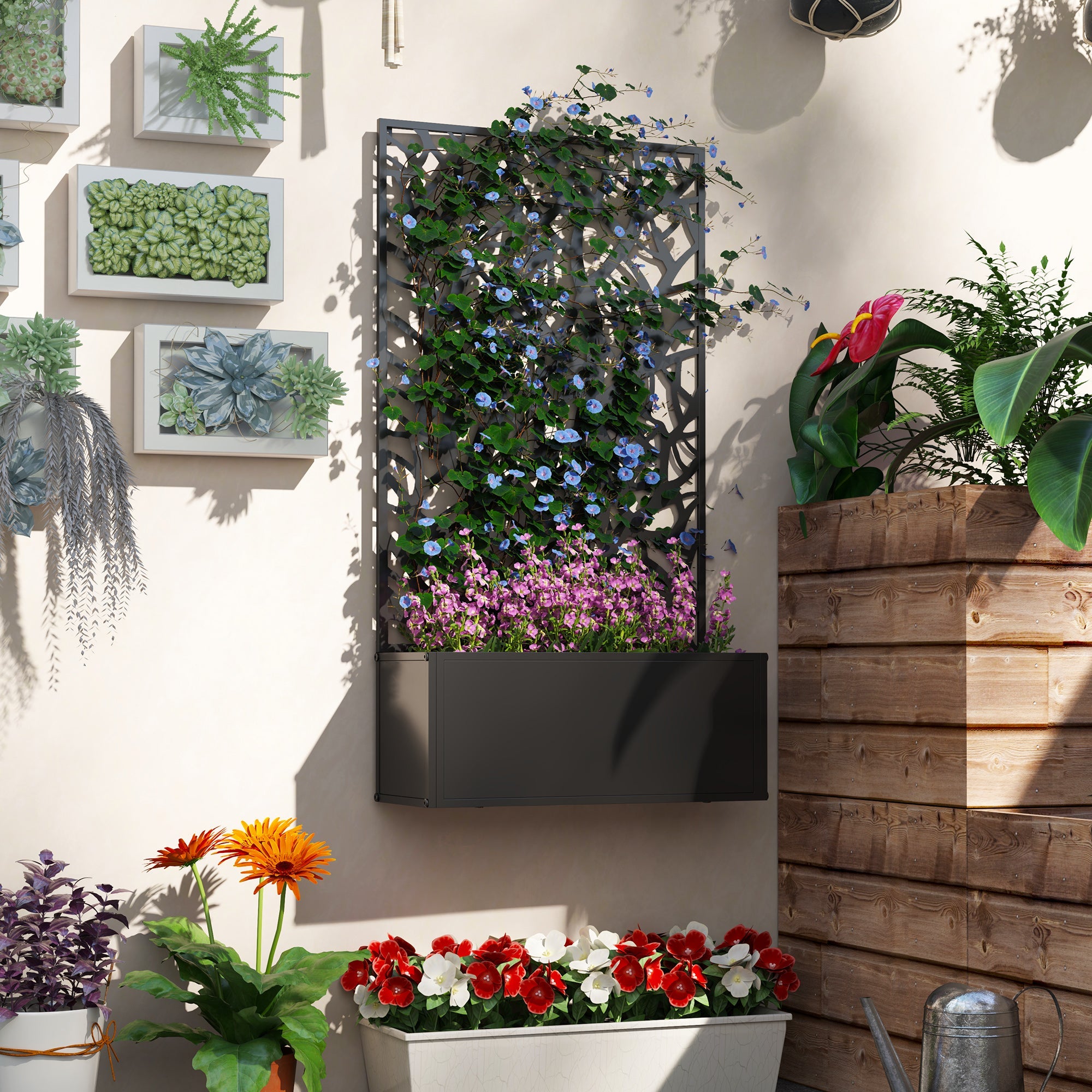 Outsunny Metal Raised Garden Bed with Privacy Panel, Freestanding or Wall Mounted Outdoor Planter Box for Garden, Patio
